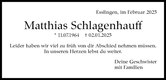 Traueranzeige von Matthias Schlagenhauff von Eßlinger Zeitung/Cannstatter Zeitung