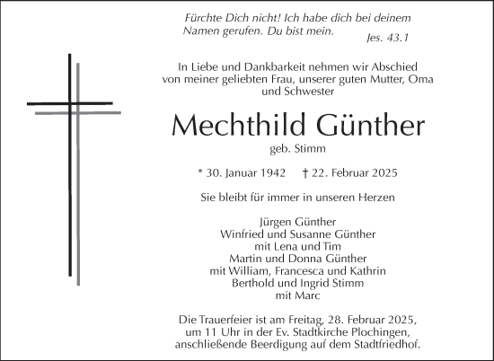 Traueranzeige von Mechthild Günther von Eßlinger Zeitung
