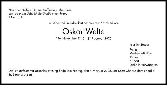 Traueranzeige von Oskar Welte von Eßlinger Zeitung/Cannstatter Zeitung
