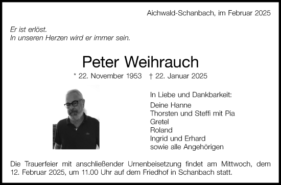 Traueranzeige von Peter Weihrauch von Eßlinger Zeitung/Cannstatter Zeitung