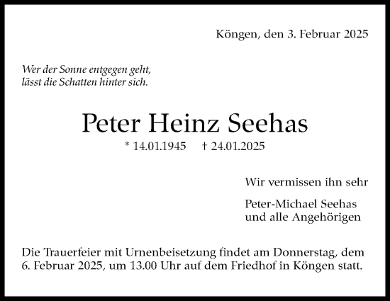 Traueranzeige von Peter Heinz Seehas von Eßlinger Zeitung/Cannstatter Zeitung