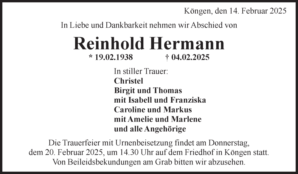  Traueranzeige für Reinhold Hermann vom 14.02.2025 aus Eßlinger Zeitung/Cannstatter Zeitung