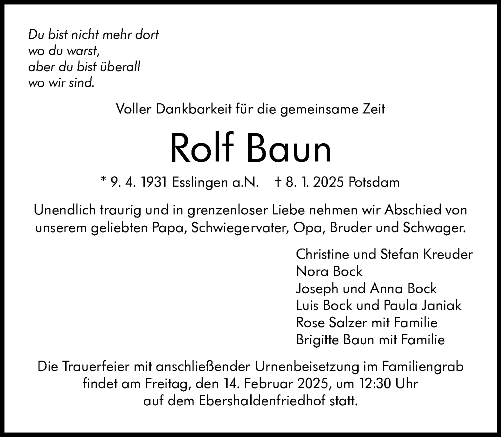  Traueranzeige für Rolf Baun vom 08.02.2025 aus Eßlinger Zeitung/Cannstatter Zeitung