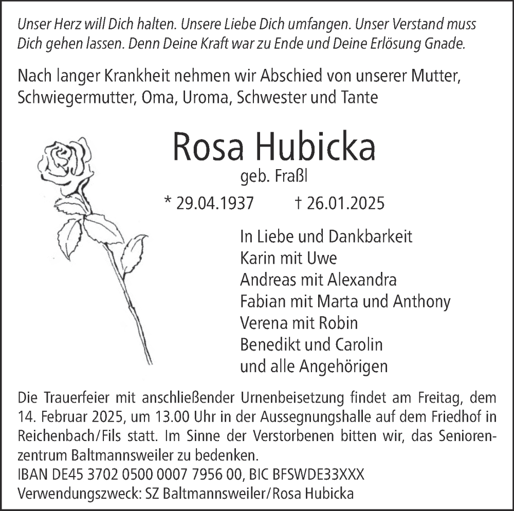  Traueranzeige für Rosa Hubicka vom 08.02.2025 aus Eßlinger Zeitung/Cannstatter Zeitung