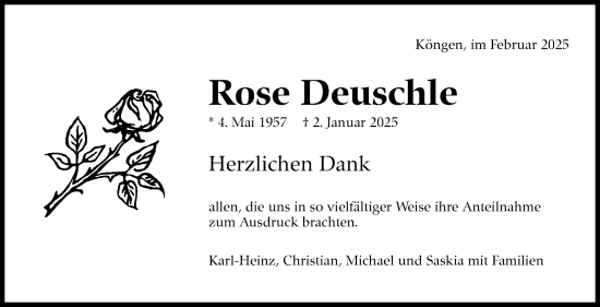 Traueranzeige von Rose Deuschle von Eßlinger Zeitung