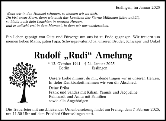 Traueranzeige von Rudolf Amelung von Eßlinger Zeitung/Cannstatter Zeitung