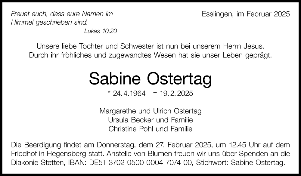  Traueranzeige für Sabine Ostertag vom 25.02.2025 aus Eßlinger Zeitung