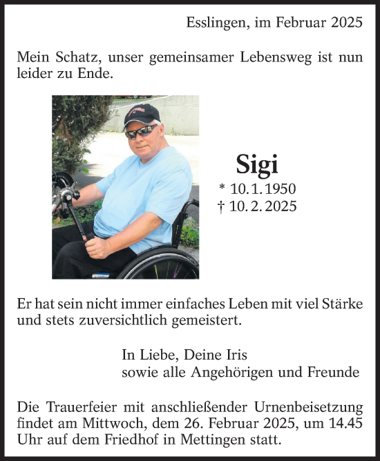 Traueranzeige von Sigi  von Eßlinger Zeitung/Cannstatter Zeitung
