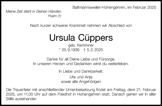 Traueranzeige von Ursula Cüppers von Eßlinger Zeitung/Cannstatter Zeitung