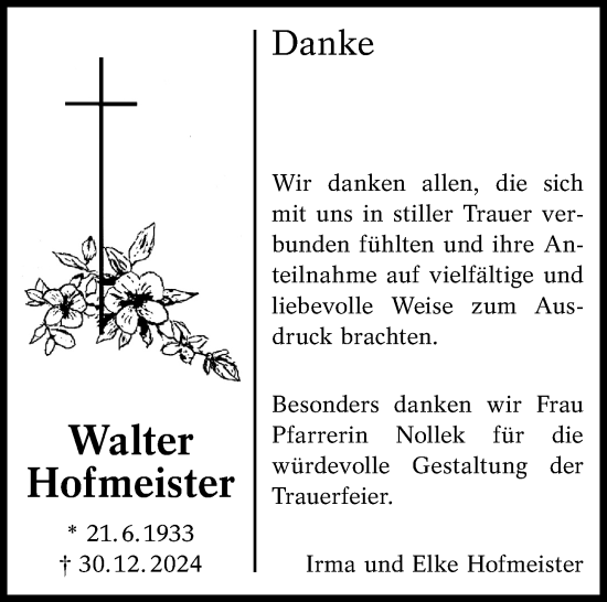 Traueranzeige von Walter Hofmeister von Eßlinger Zeitung/Cannstatter Zeitung