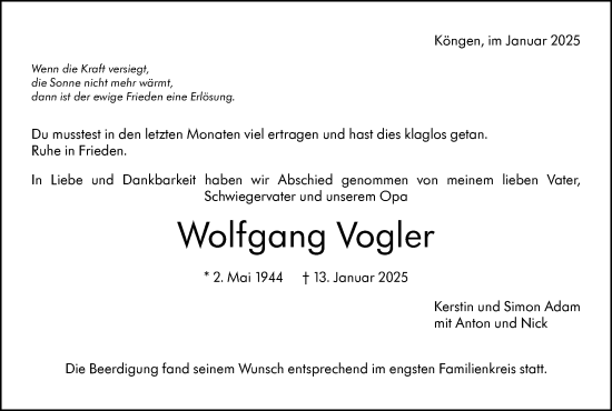 Traueranzeige von Wolfgang Vogler von Eßlinger Zeitung/Cannstatter Zeitung