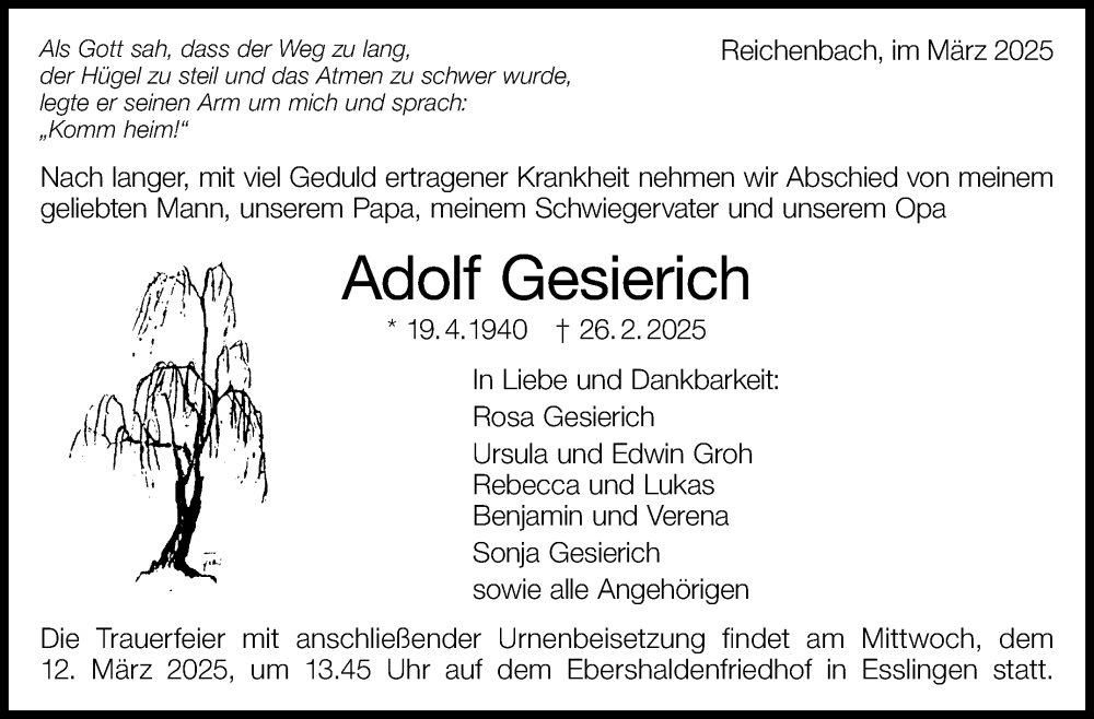  Traueranzeige für Adolf Gesierich vom 01.03.2025 aus Eßlinger Zeitung
