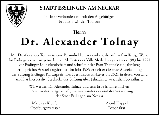 Traueranzeige von Alexander Tolnay von Eßlinger Zeitung