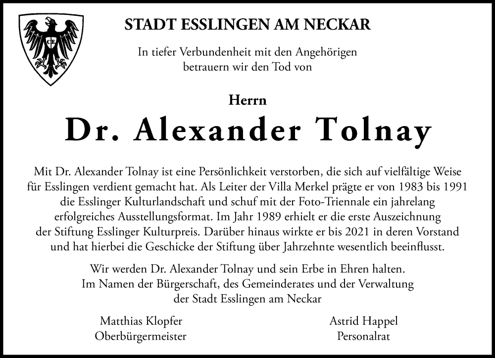  Traueranzeige für Alexander Tolnay vom 28.02.2025 aus Eßlinger Zeitung