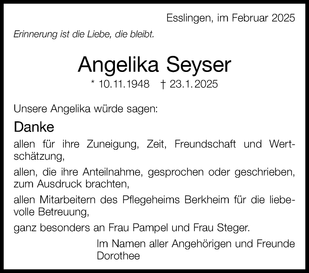  Traueranzeige für Angelika Seyser vom 22.02.2025 aus Eßlinger Zeitung