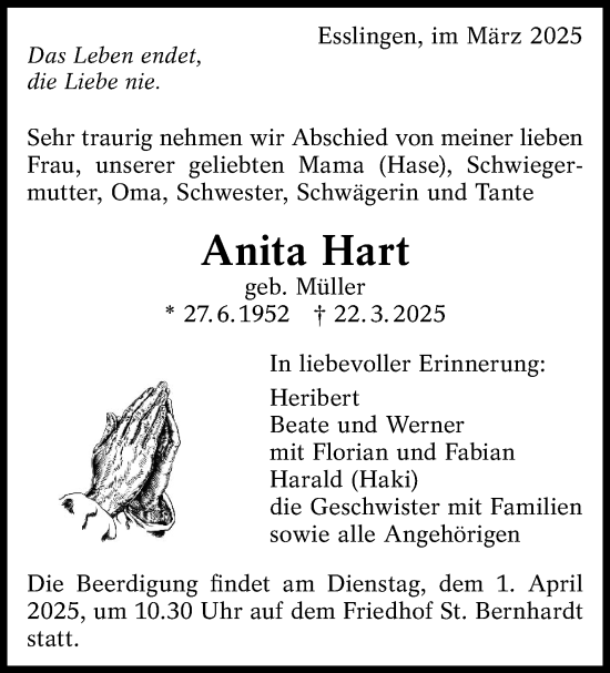 Traueranzeige von Anita Hart von Eßlinger Zeitung