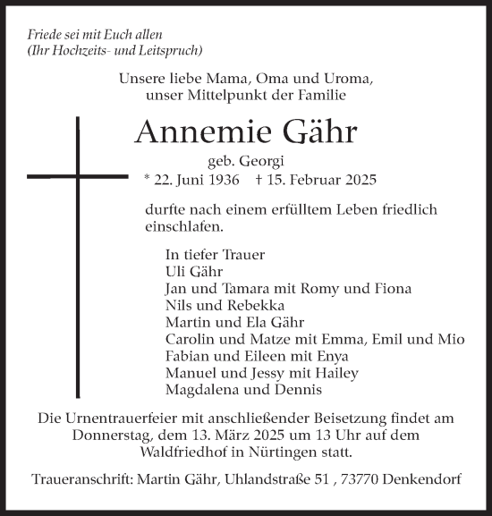 Traueranzeige von Annemie Gähr von Eßlinger Zeitung