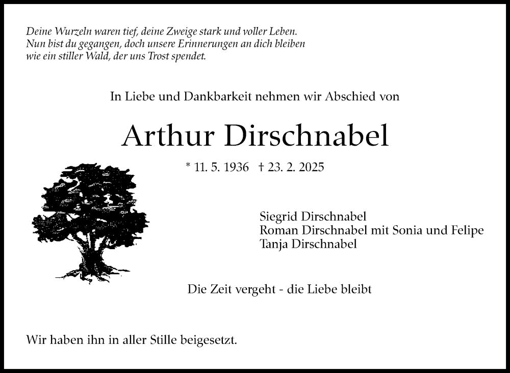  Traueranzeige für Arthur Dirschnabel vom 08.03.2025 aus Eßlinger Zeitung