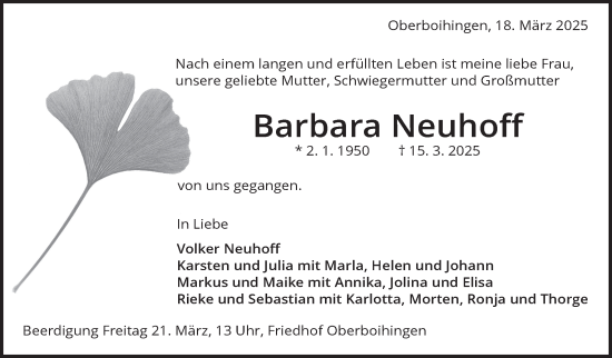 Traueranzeige von Barbara Neuhoff von Eßlinger Zeitung