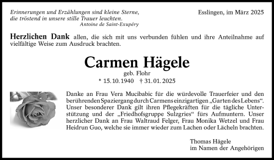 Traueranzeige von Carmen Hägele von Eßlinger Zeitung