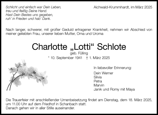 Traueranzeige von Charlotte  Schlote von Eßlinger Zeitung