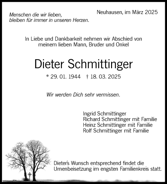 Traueranzeige von Dieter Schmittinger von Eßlinger Zeitung