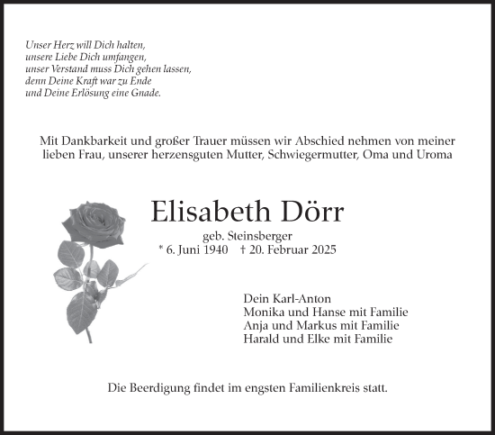 Traueranzeige von Elisabeth Dörr von Eßlinger Zeitung