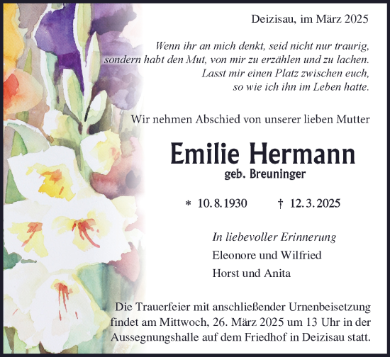 Traueranzeige von Emilie Hermann von Eßlinger Zeitung