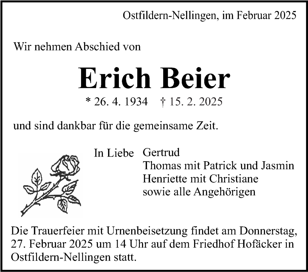  Traueranzeige für Erich Beier vom 21.02.2025 aus Eßlinger Zeitung