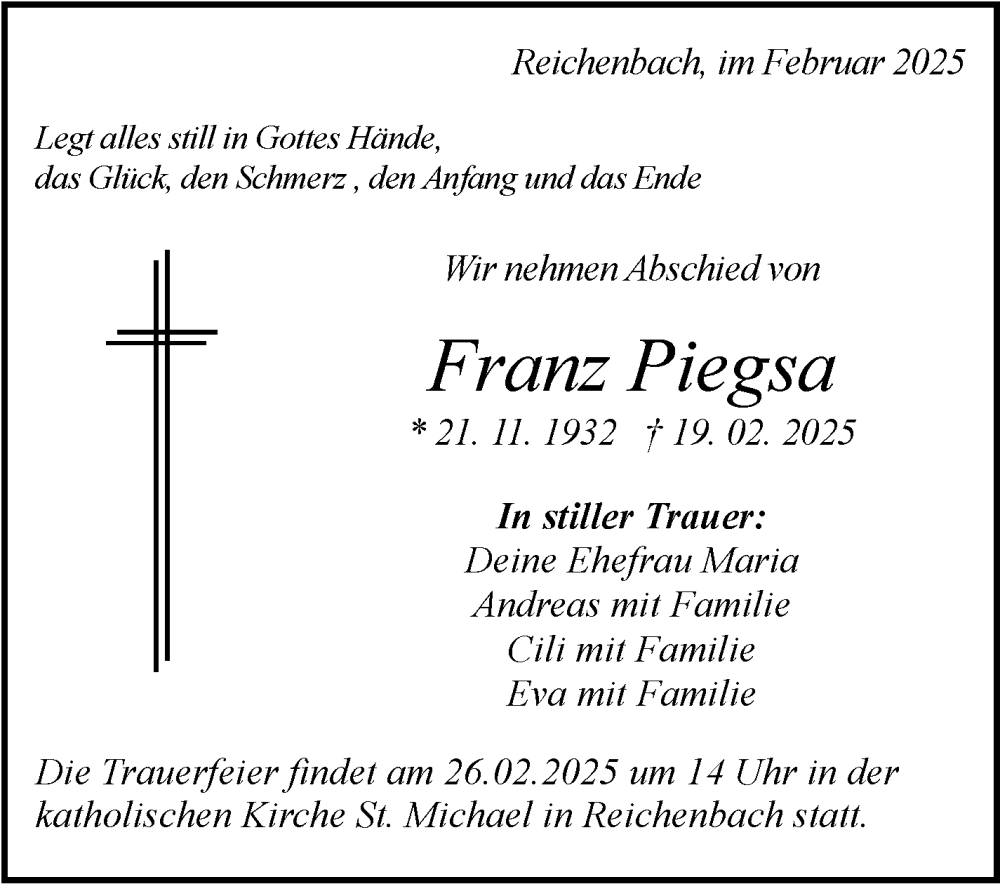 Traueranzeige für Franz Piegsa vom 24.02.2025 aus Eßlinger Zeitung