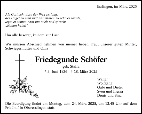 Traueranzeige von Friedegunde Schöfer von Eßlinger Zeitung