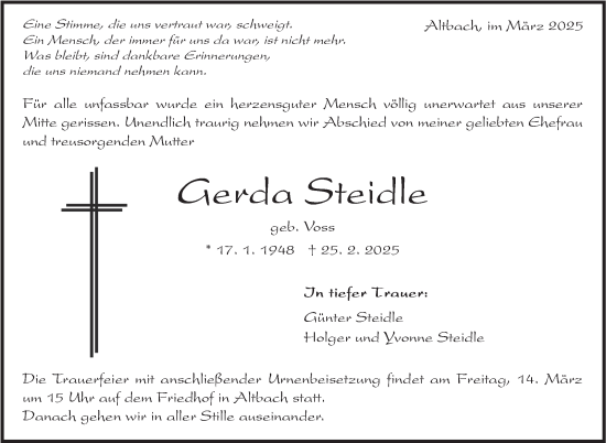 Traueranzeige von Gerda Steidle von Eßlinger Zeitung