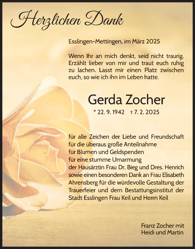  Traueranzeige für Gerda Zocher vom 22.03.2025 aus Eßlinger Zeitung