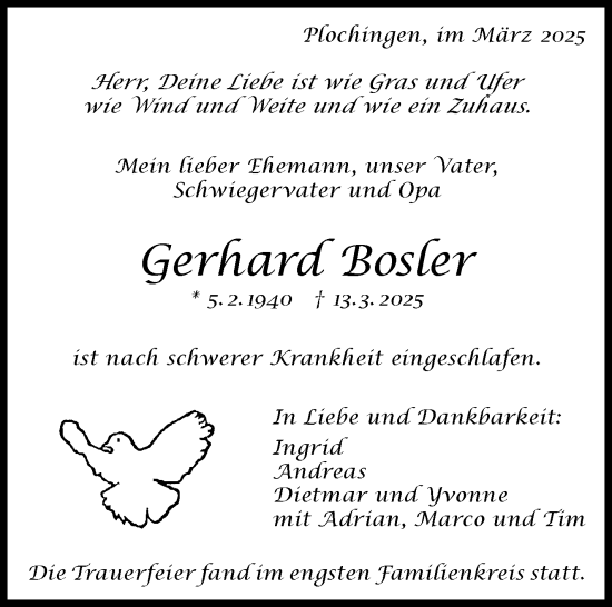 Traueranzeige von Gerhard Bosler von Eßlinger Zeitung