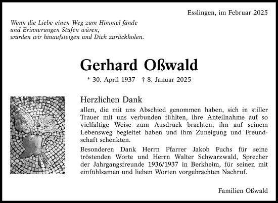 Traueranzeige von Gerhard Oßwald von Eßlinger Zeitung
