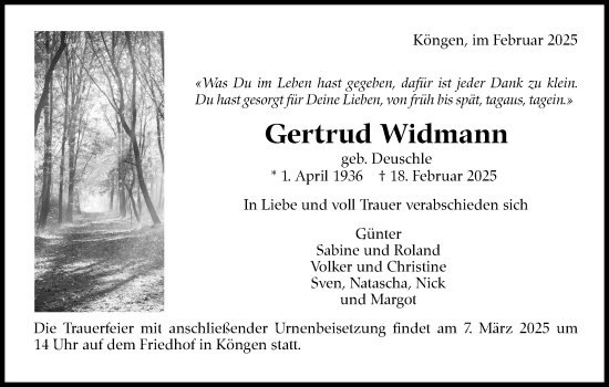Traueranzeige von Gertrud Widmann von Eßlinger Zeitung