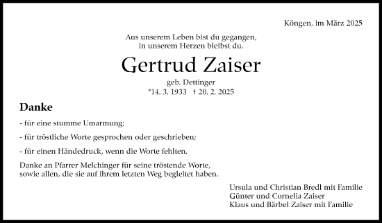 Traueranzeige von Gertrud Zaiser von Eßlinger Zeitung