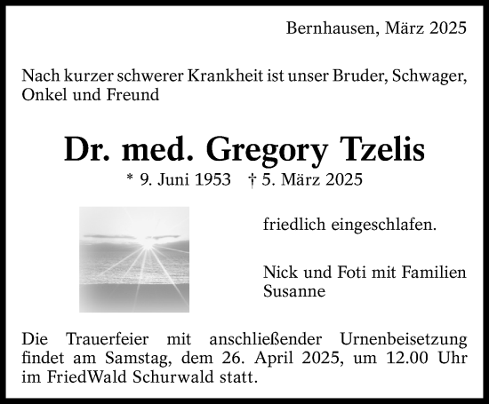 Traueranzeige von Gregory Tzelis von Eßlinger Zeitung