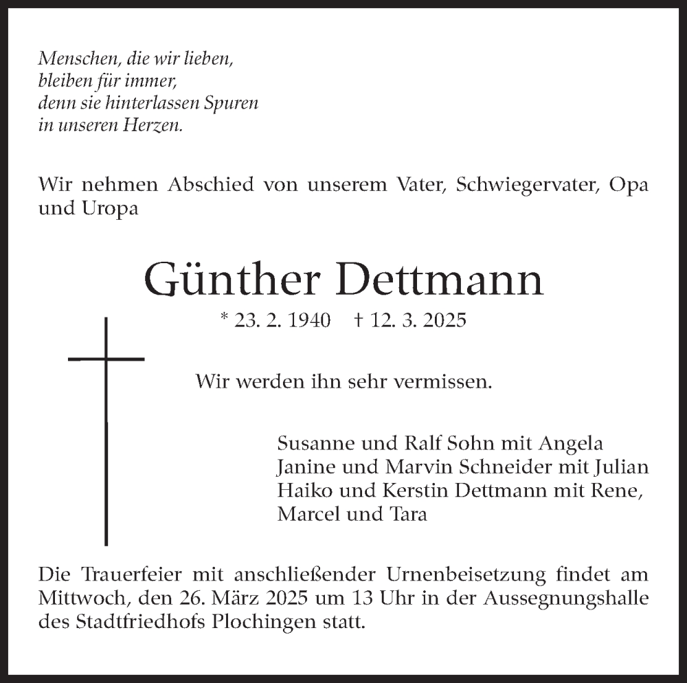  Traueranzeige für Günther Dettmann vom 22.03.2025 aus Eßlinger Zeitung