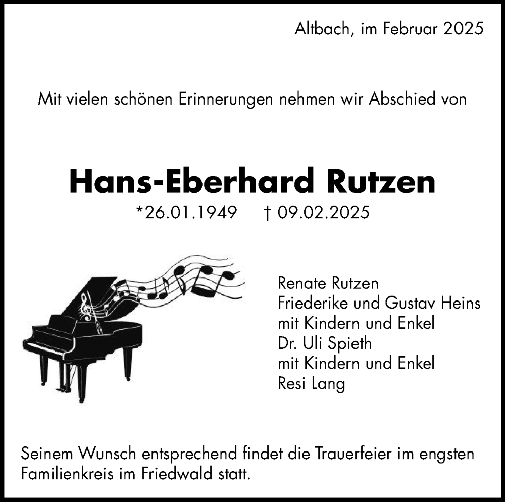  Traueranzeige für Hans-Eberhard Rutzen vom 22.02.2025 aus Eßlinger Zeitung