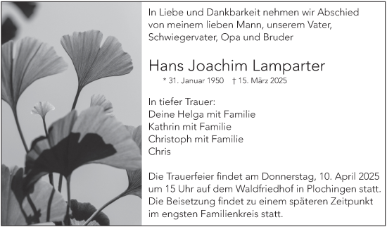 Traueranzeige von Hans Joachim Lamparter von Eßlinger Zeitung