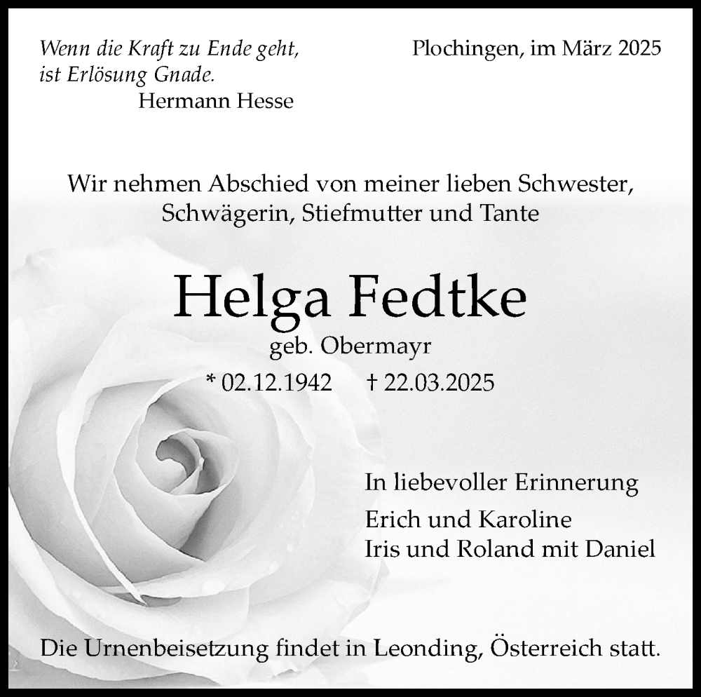  Traueranzeige für Helga Fedtke vom 27.03.2025 aus Eßlinger Zeitung