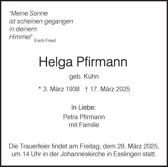 Traueranzeige von Helga Pfirmann von Eßlinger Zeitung