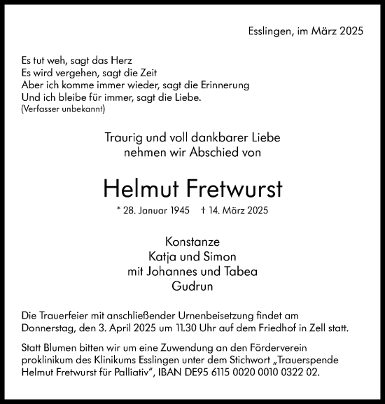 Traueranzeige von Helmut Fretwurst von Eßlinger Zeitung