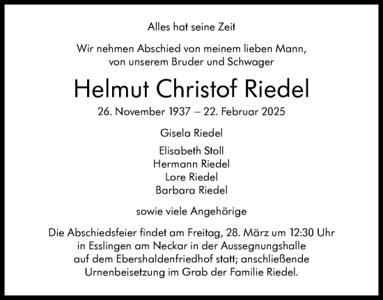 Traueranzeige von Helmut Christof Riedel von Eßlinger Zeitung