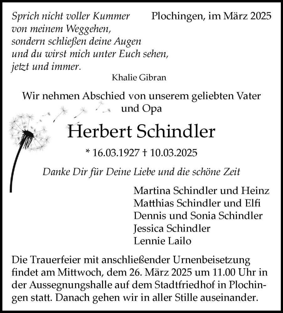  Traueranzeige für Herbert Schindler vom 22.03.2025 aus Eßlinger Zeitung