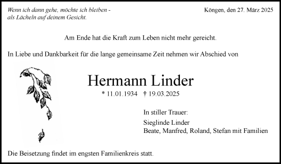 Traueranzeige von Hermann Linder von Eßlinger Zeitung