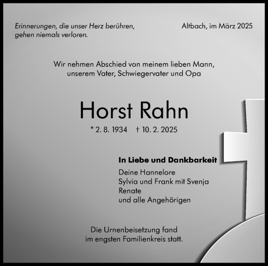 Traueranzeige von Horst Rahn von Eßlinger Zeitung