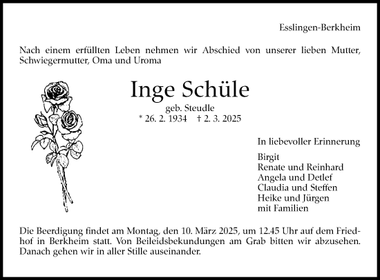 Traueranzeige von Inge Schüle von Eßlinger Zeitung