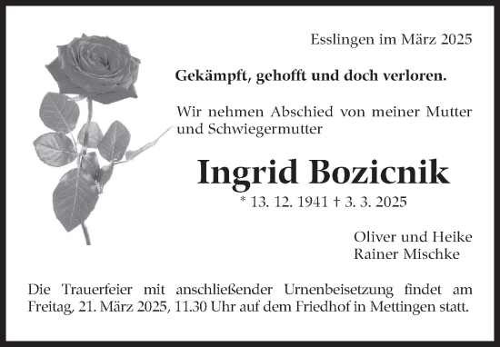 Traueranzeige von Ingrid Bozicnik von Eßlinger Zeitung